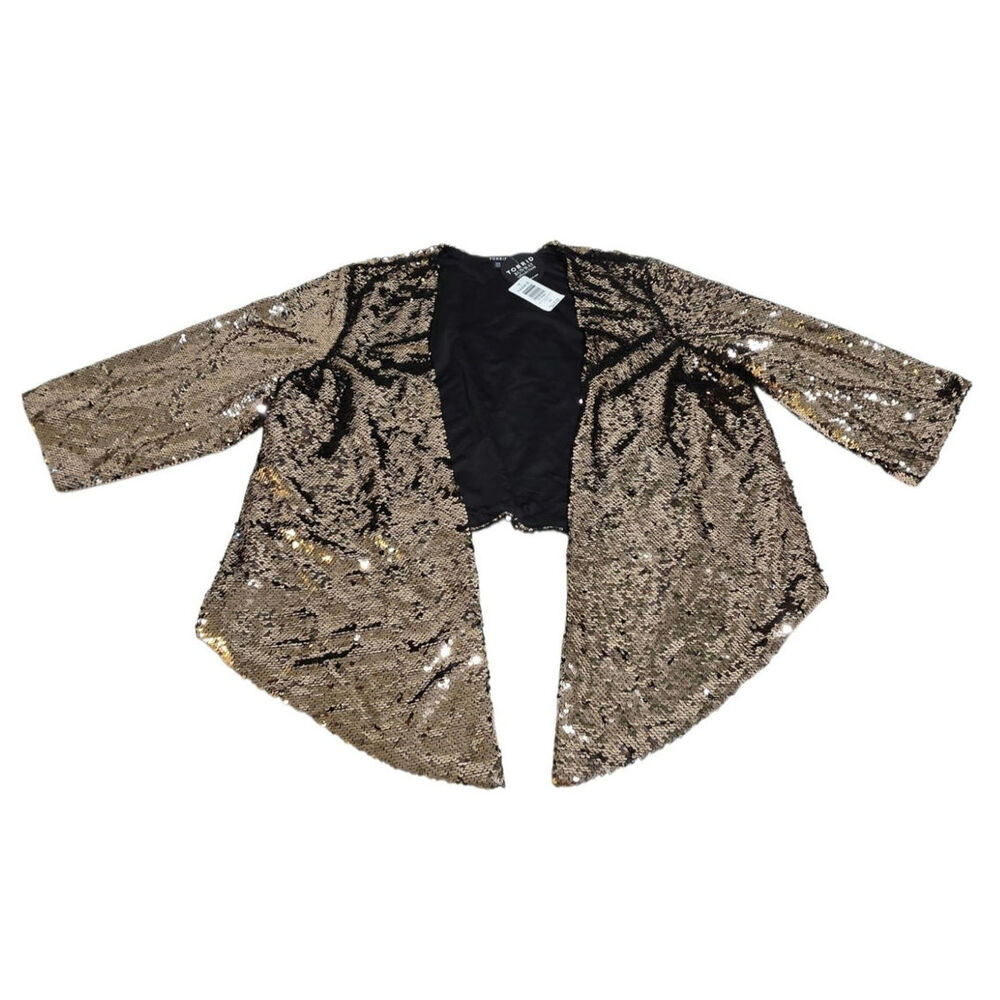 NWT Torrid Gold Sequin Drape Open Front Kimono Jacket Asymmetrical Hem Size 1/2
